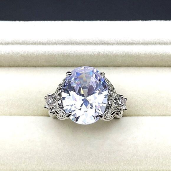 .925 Sterling Silver with Large Oval White Diamond Cubic Zirconia Ring Size 6 - Picture 2 of 10